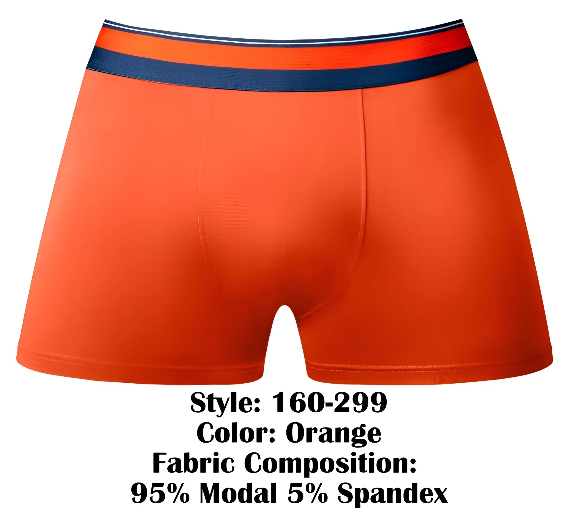 Orange boxer briefs with navy blue and white striped waistband made from 95 percent modal and 5 percent spandex by male power
