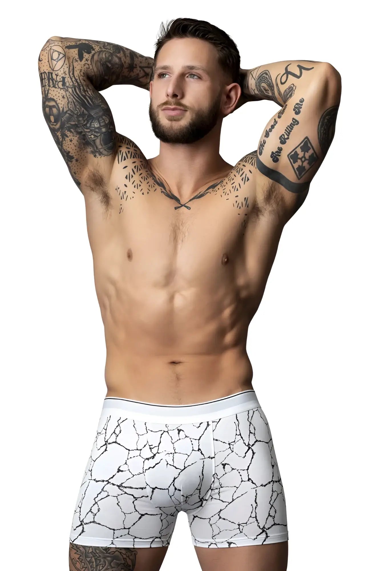 Male power 160-299 soo cumfy white boxer briefs with black cracked earth pattern for comfortable wear