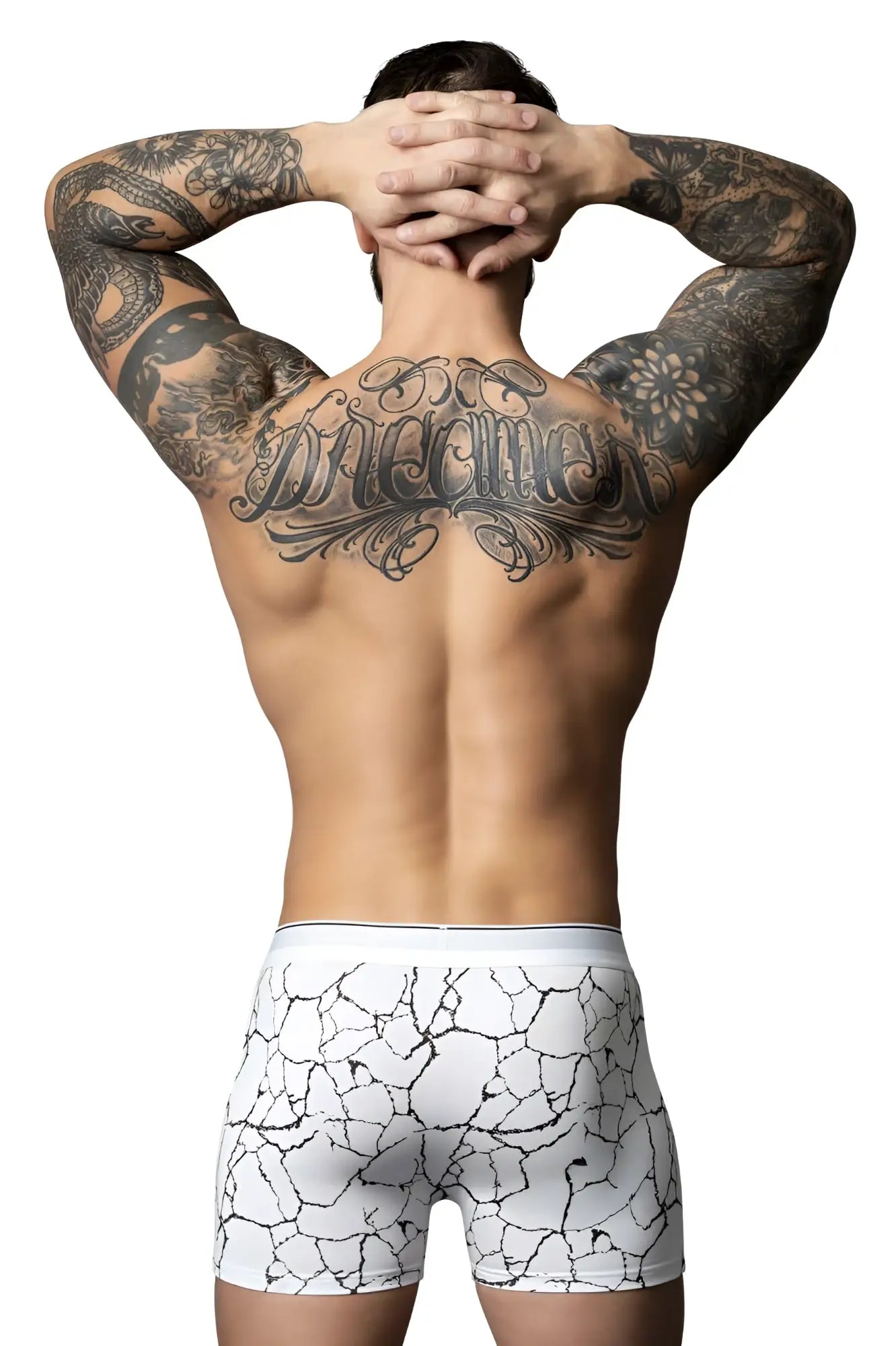 Male power 160-299 soo cumfy white boxer briefs with black cracked earth pattern for comfortable everyday wear
