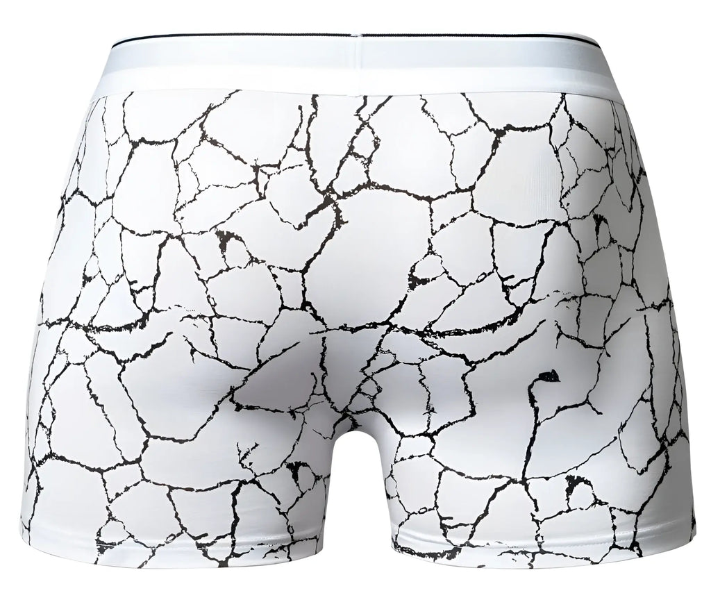 Male power 160-299 soo cumfy boxer brief in white with black cracked earth pattern for comfortable wear
