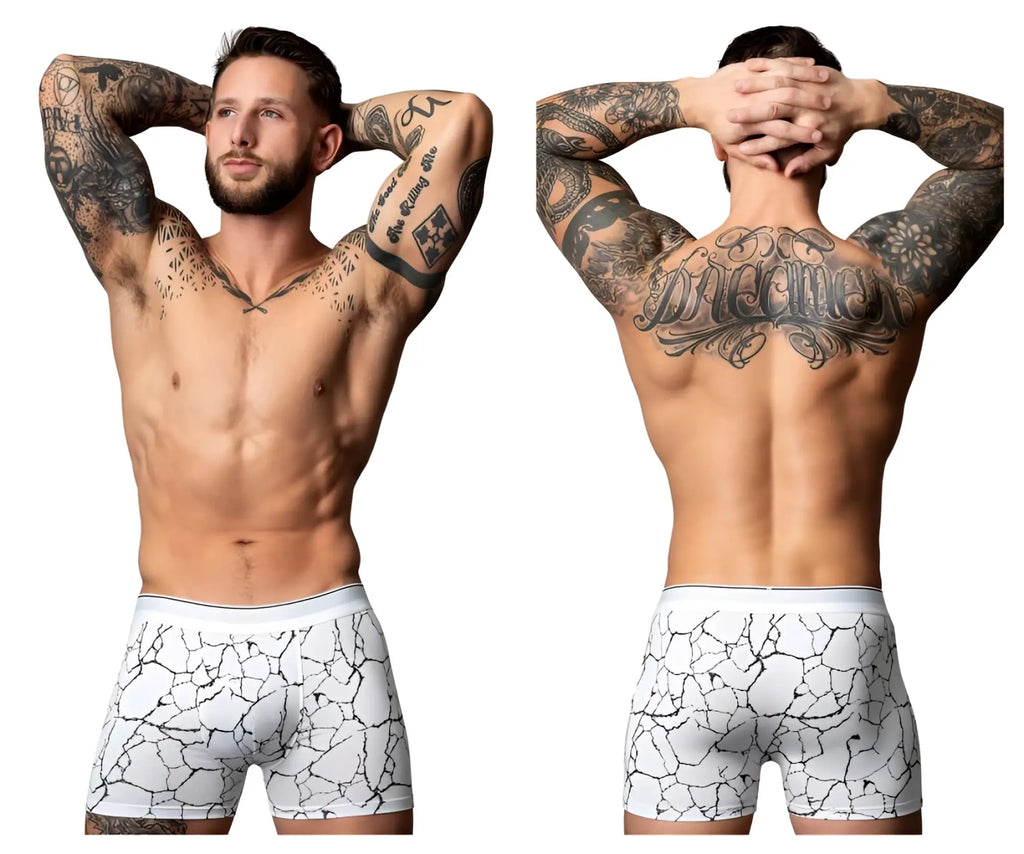 Male power 160-299 soo cumfy boxer brief in white with black cracked earth pattern designed for comfort and style