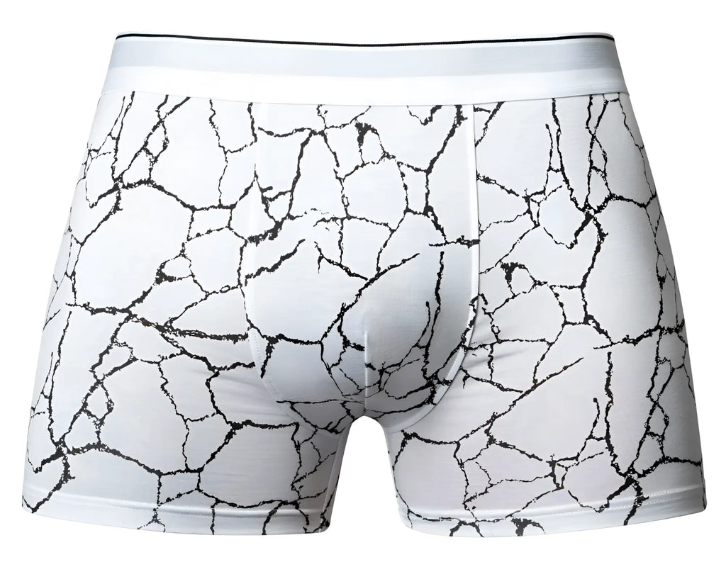Male power 160-299 soo comfy white boxer briefs with black cracked marble pattern on fabric front view