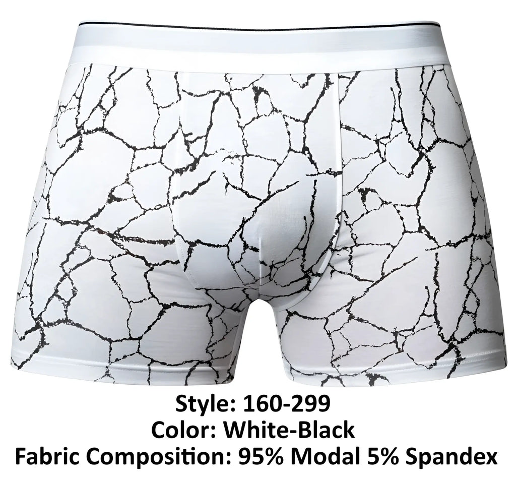 Male power 160-299 soo cumfy boxer brief in white black cracked marble pattern made from 95% modal 5% spandex