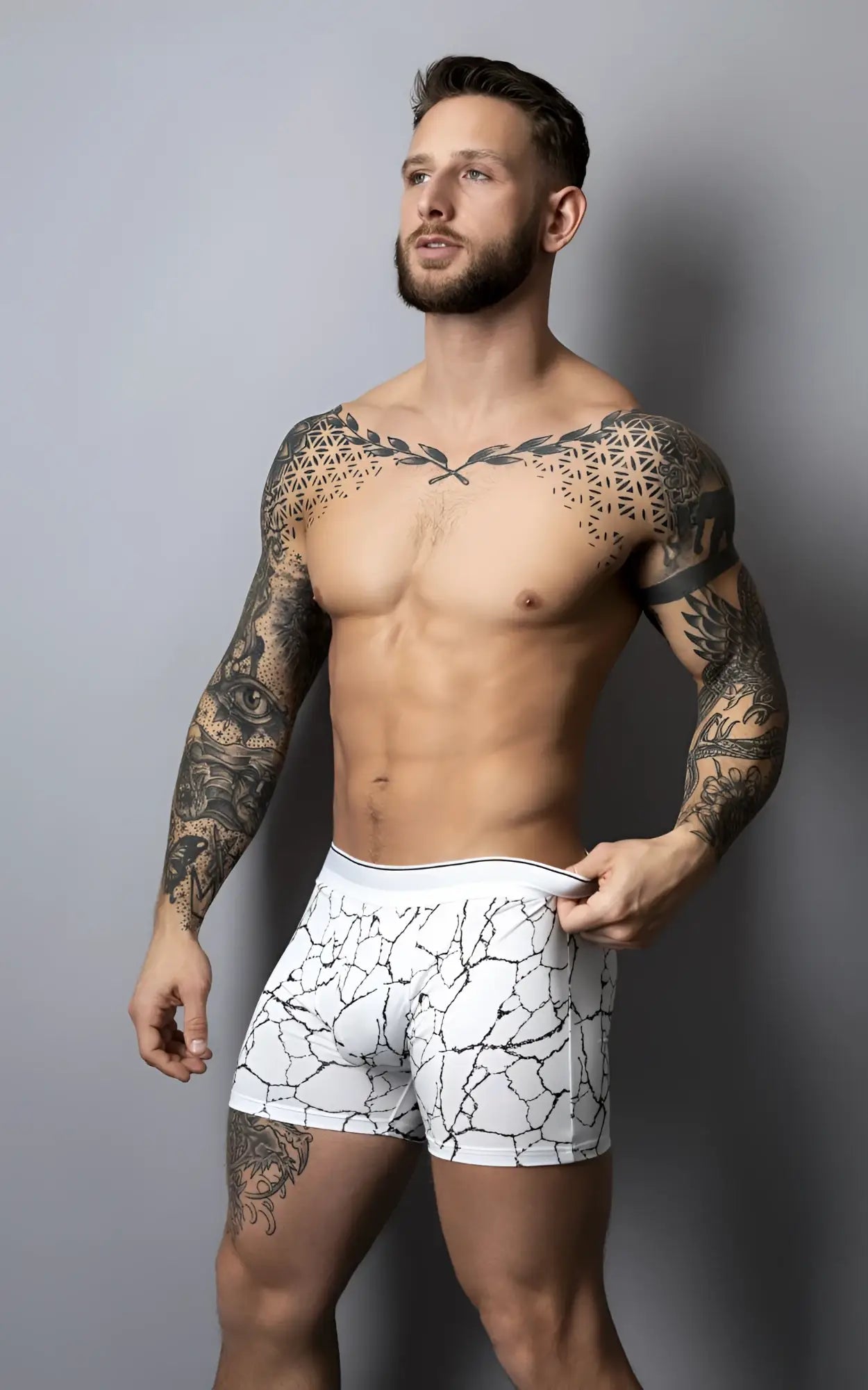 Male power 160-299 soo cumfy white boxer briefs with black crackle pattern and solid white waistband