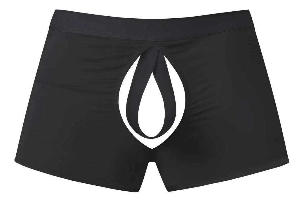 Black male power 162-304 open ended moonshine boxer briefs with bold white flame logo and open front elastic cock ring