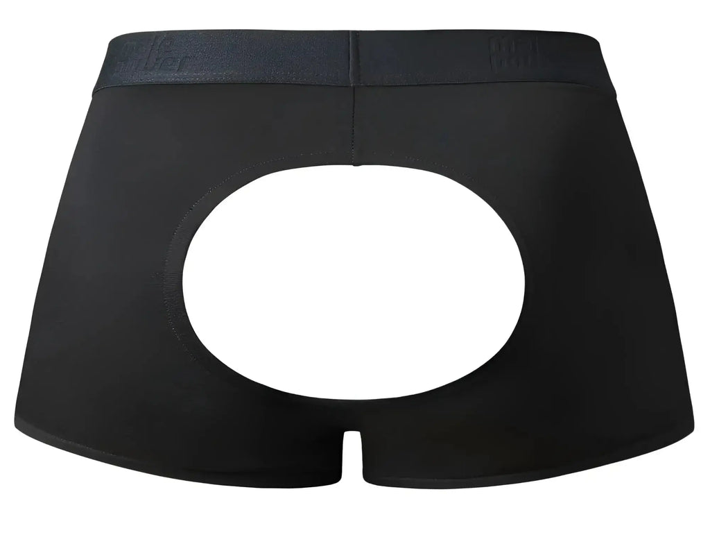Male power black men’s briefs with central circular cutout elastic waistband open front design for comfort and style