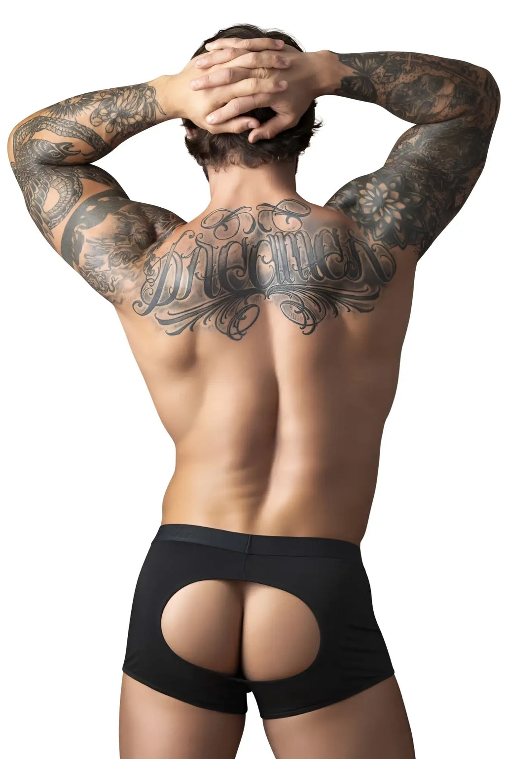 Black male power 162-304 open ended moonshine briefs with elastic cock ring and oval back cutout shown from back side