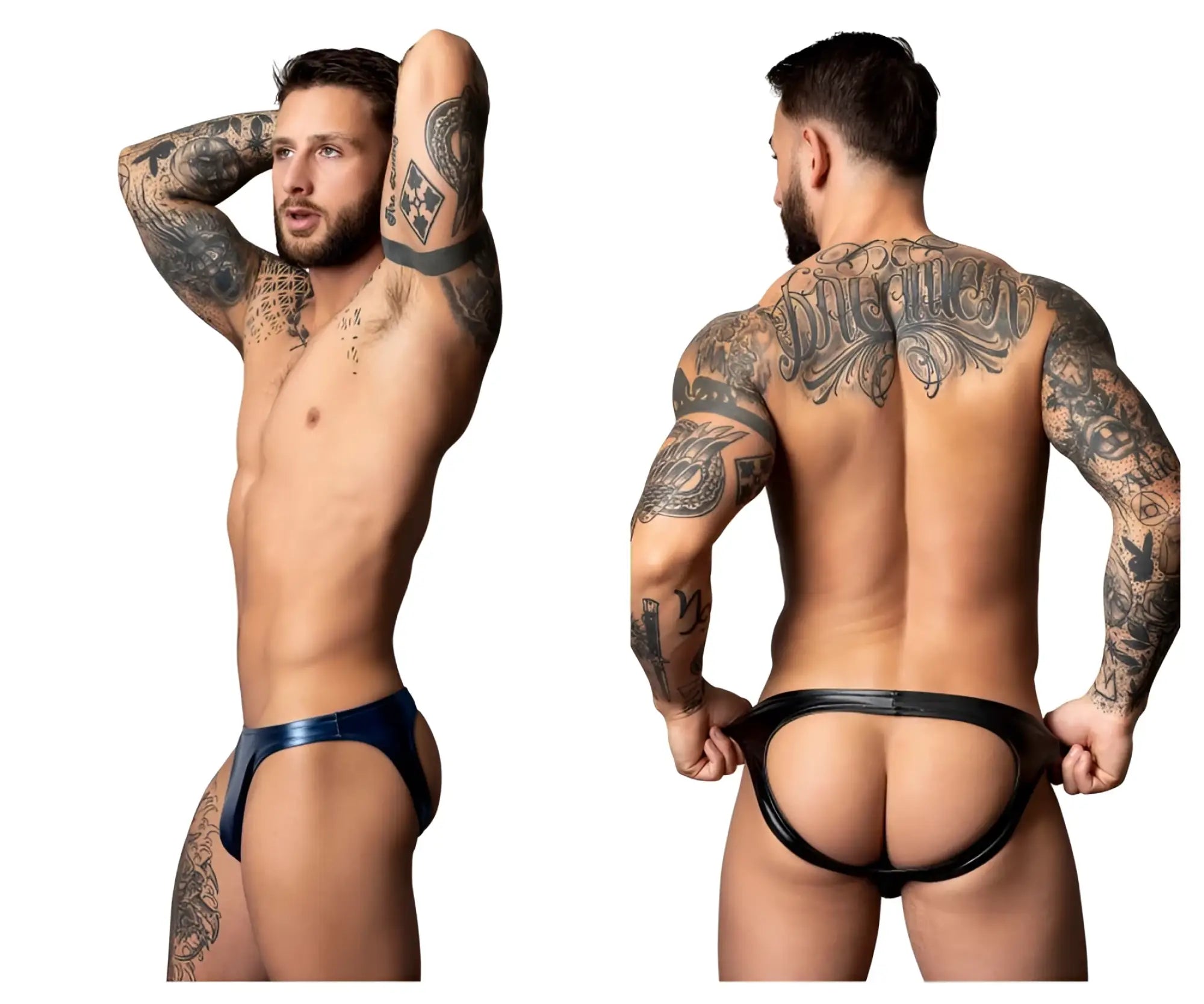 Blue and black latex thong with central cutout design from male power 300-301 liquid onyx 2.0 moonshine in black