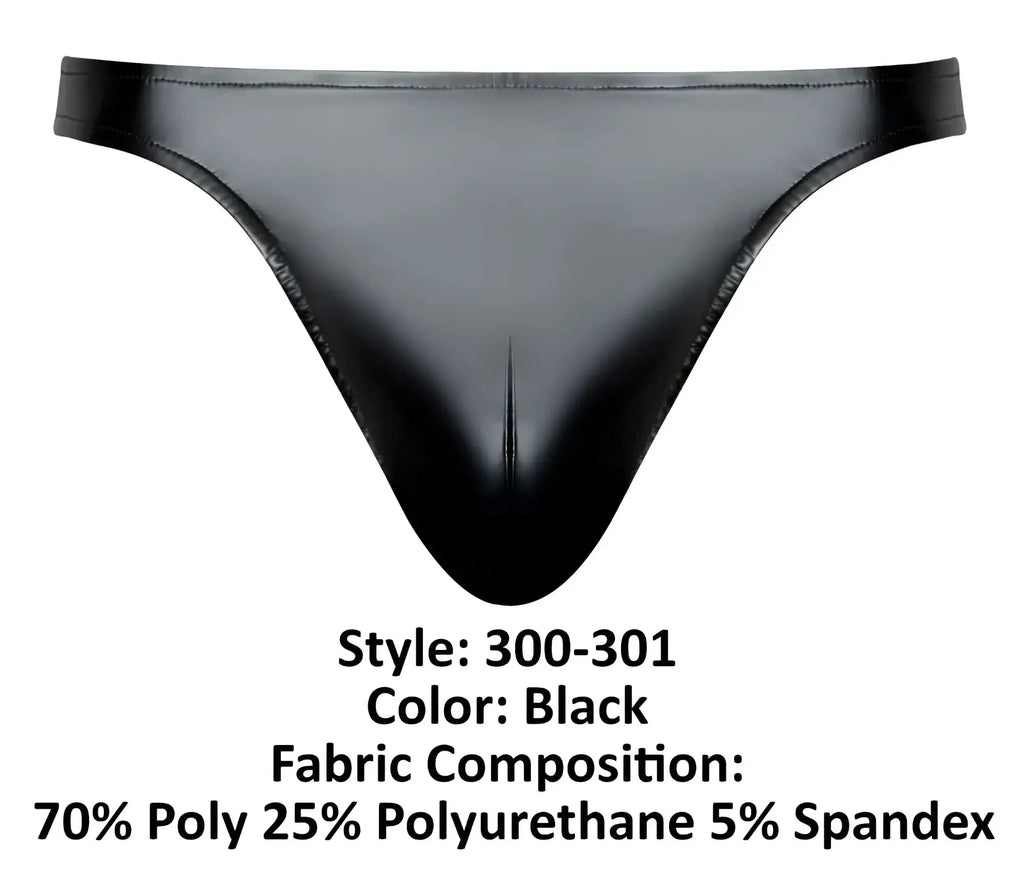 Black glossy-finish male power 300-301 liquid onyx 2.0 thong made of polyester polyurethane and spandex
