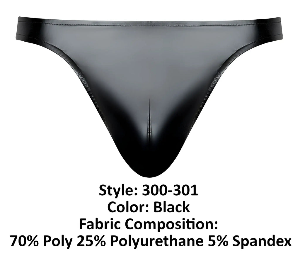 Black glossy-finish male power 300-301 liquid onyx 2.0 thong made of polyester polyurethane and spandex