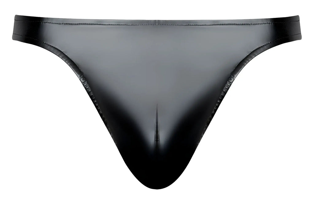 Male Power 300-301 liquid onyx 2.0 black glossy latex thong with sleek form-fitting design shown from the back side