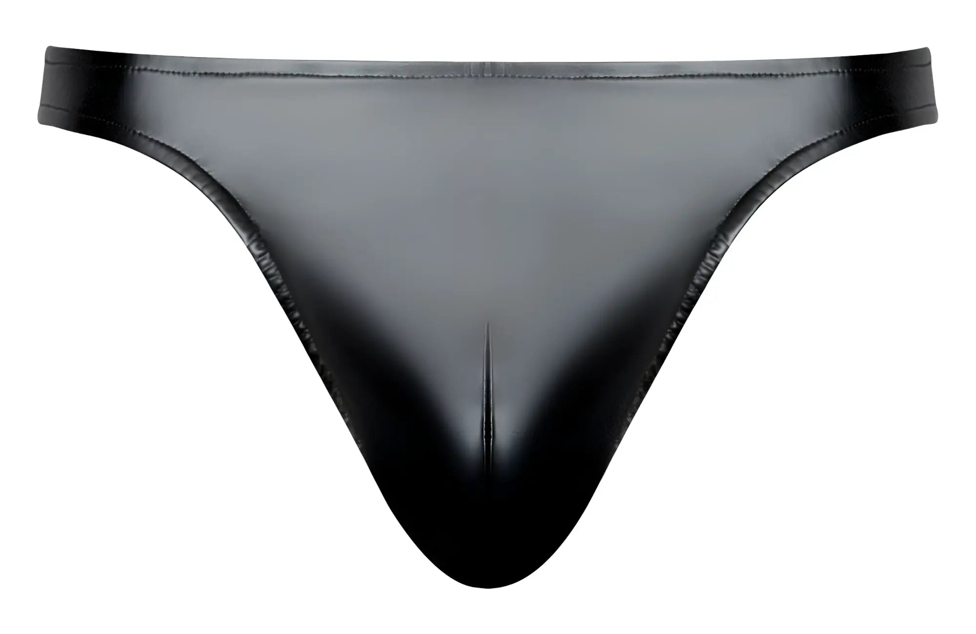 Male Power 300-301 liquid onyx 2.0 black glossy latex thong with sleek form-fitting design shown from the back side
