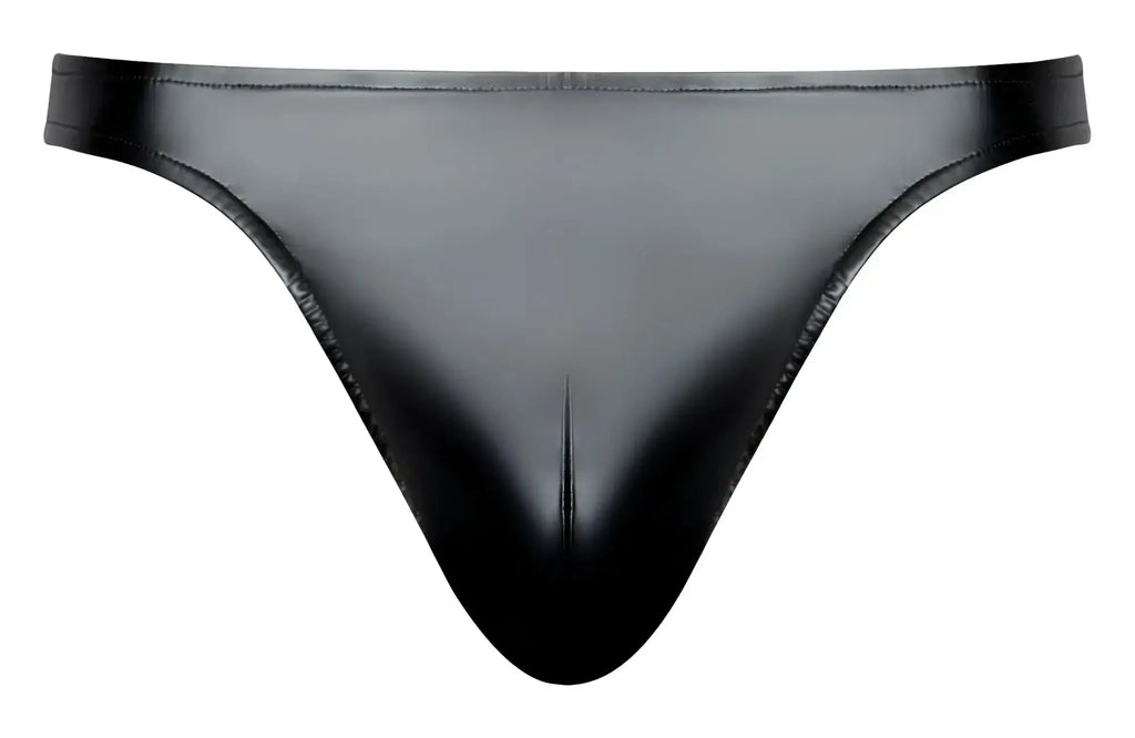 Male Power 300-301 liquid onyx 2.0 black glossy latex thong with sleek form-fitting design shown from the back side