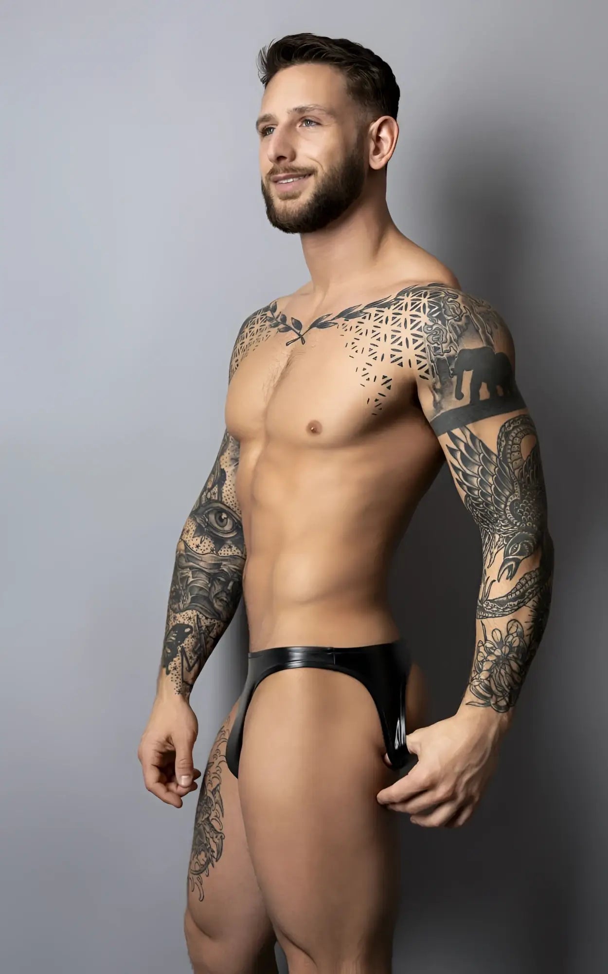 Male power 300-301 liquid onyx 2.0 black latex briefs in moonshine color showing front view