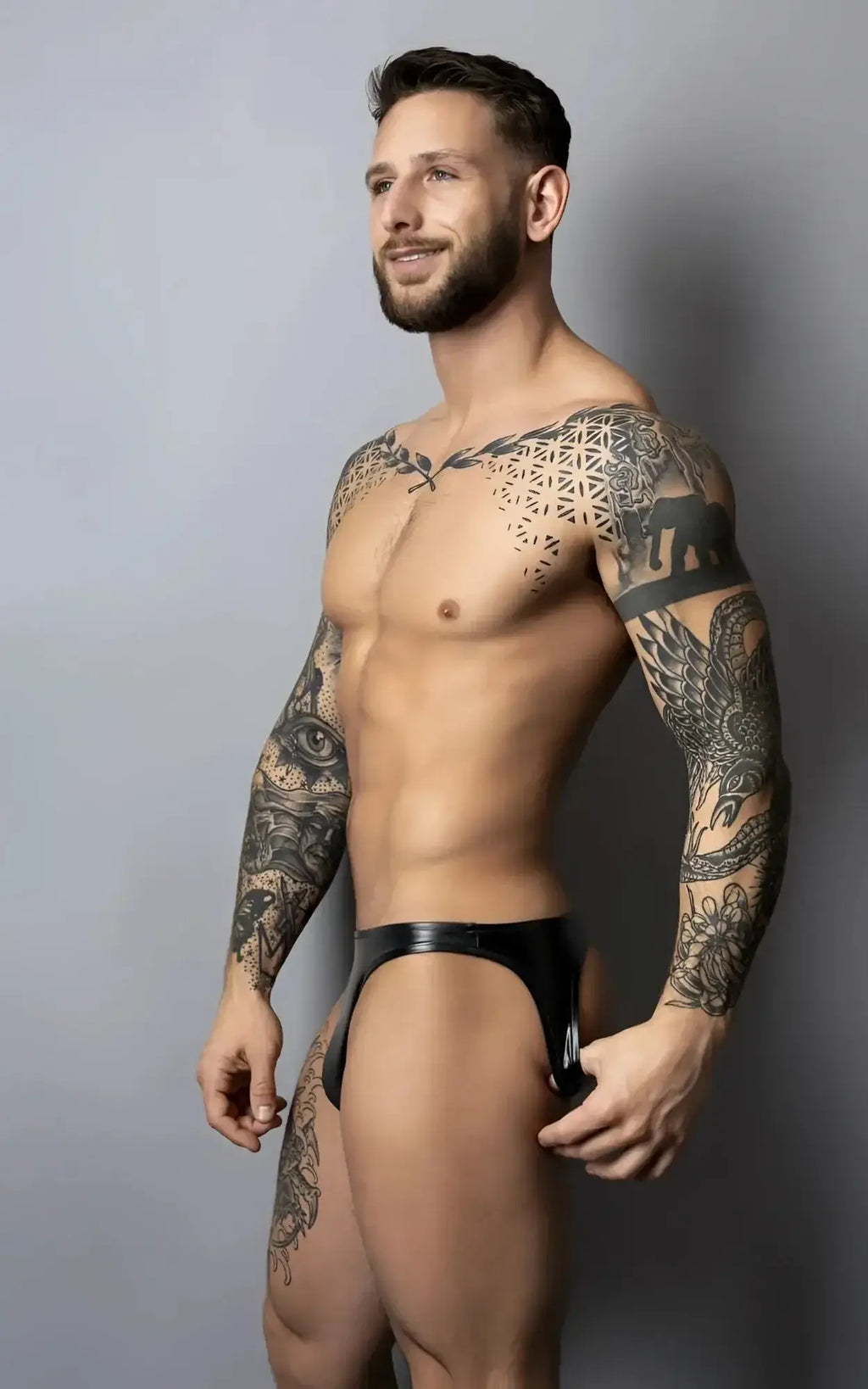 Male power 300-301 liquid onyx 2.0 black latex briefs in moonshine color showing front view