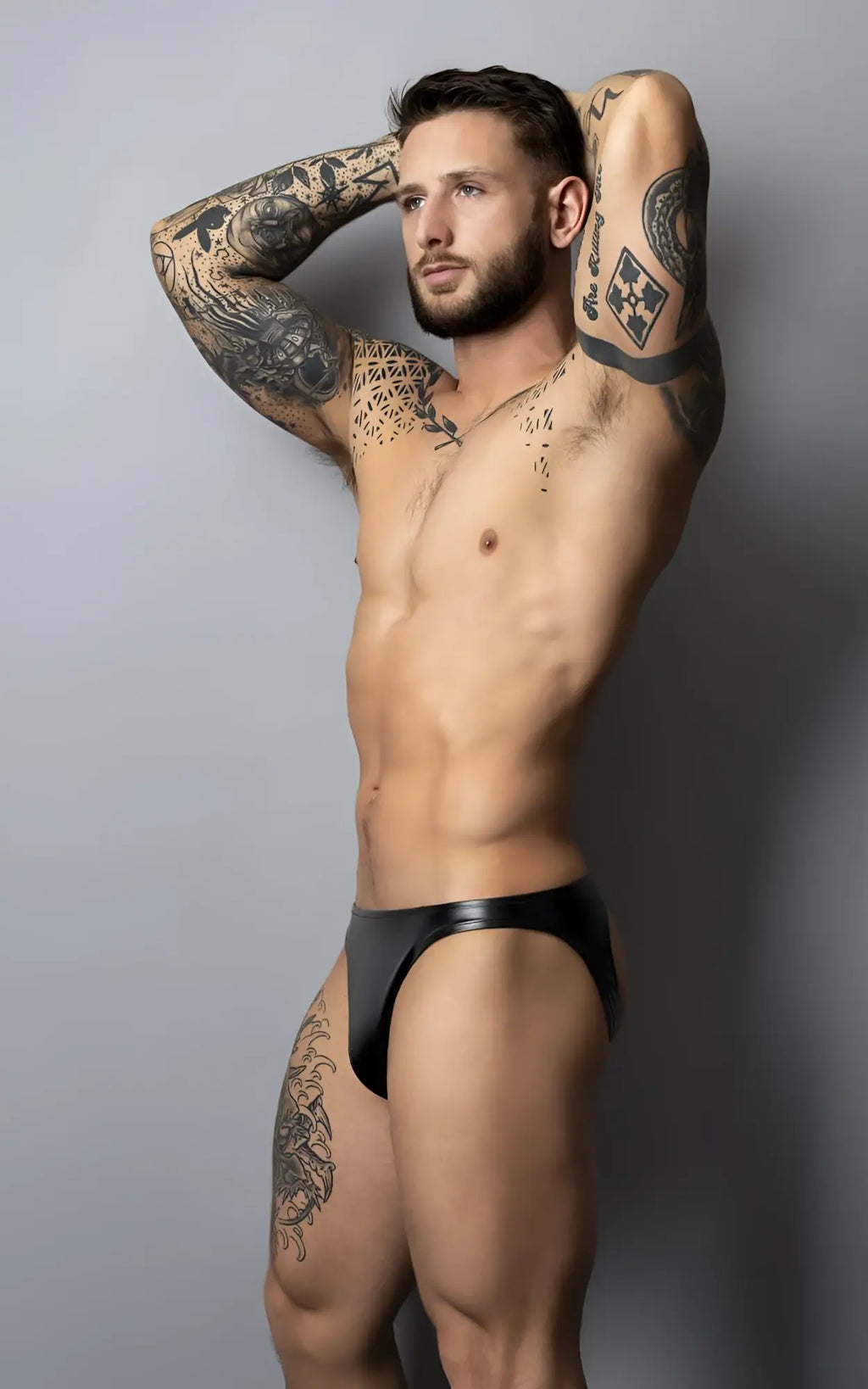 Black leather briefs by male power 300-301 liquid onyx 2.0 moonshine color black shown from the front