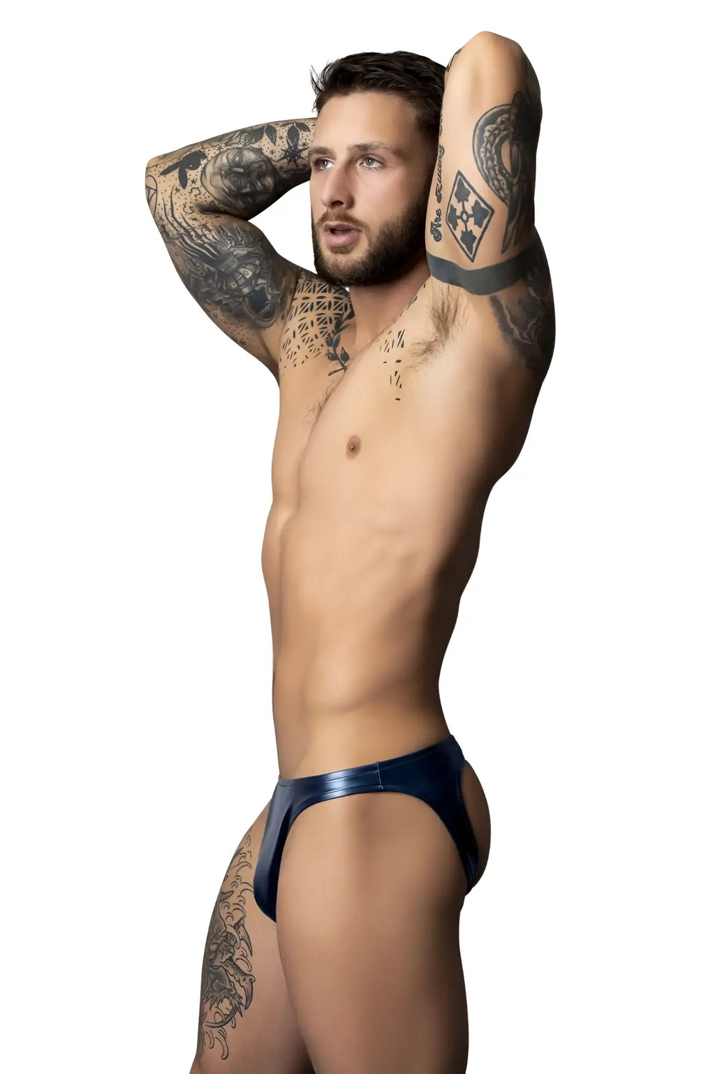 Male power 300-301 liquid onyx 2.0 moonshine black navy blue shiny latex briefs front view