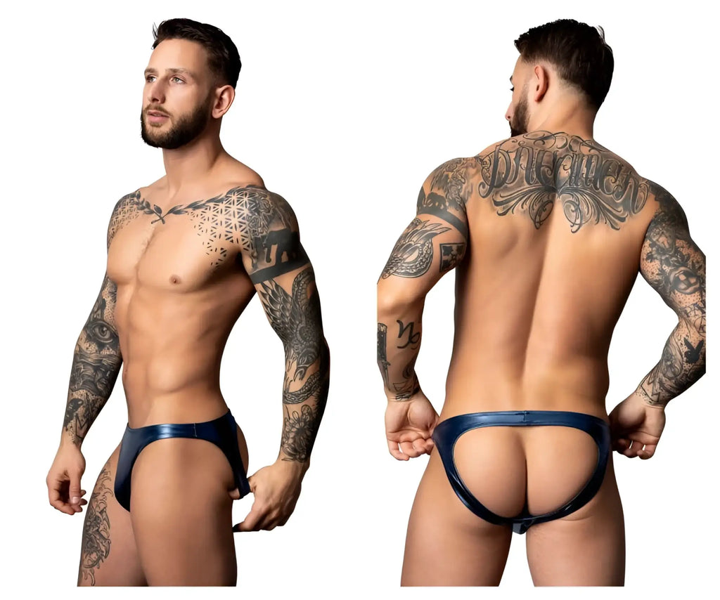 Navy blue shiny latex briefs male power 300-301 liquid onyx 2.0 moonshine color blue front view