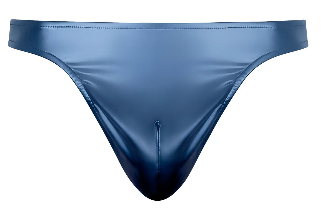 Male power 300-301 liquid onyx 2.0 moonshine blue patent leather thong with subtle gradient and stitched seams