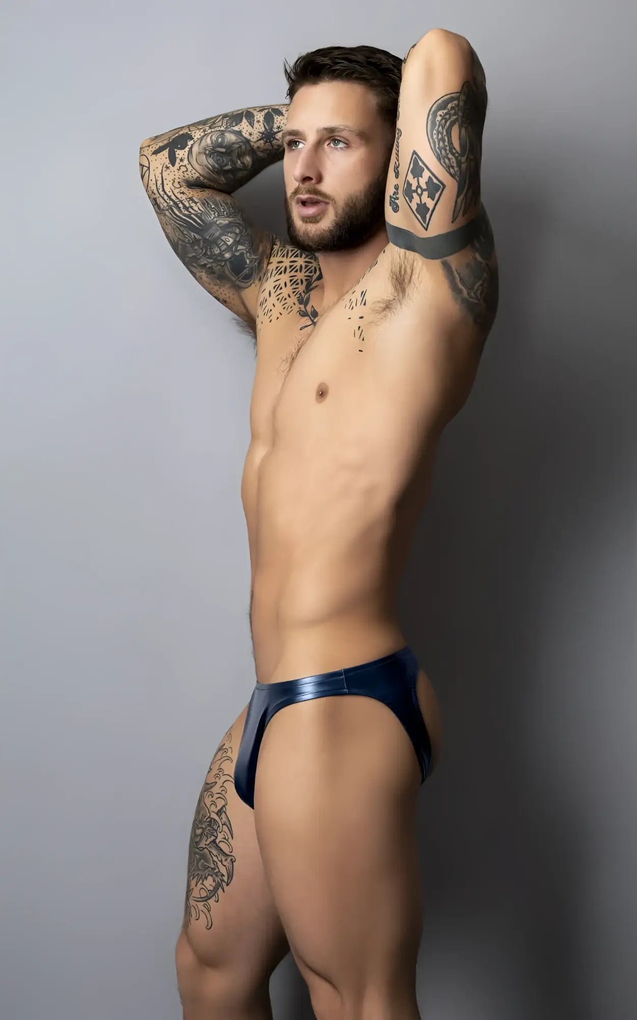 Shiny navy blue metallic male power 300-301 liquid onyx 2.0 moonshine briefs with sleek design