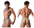 Male power 302-292 cut it out moonshine blue green and white geometric patterned mens briefs with cut out design