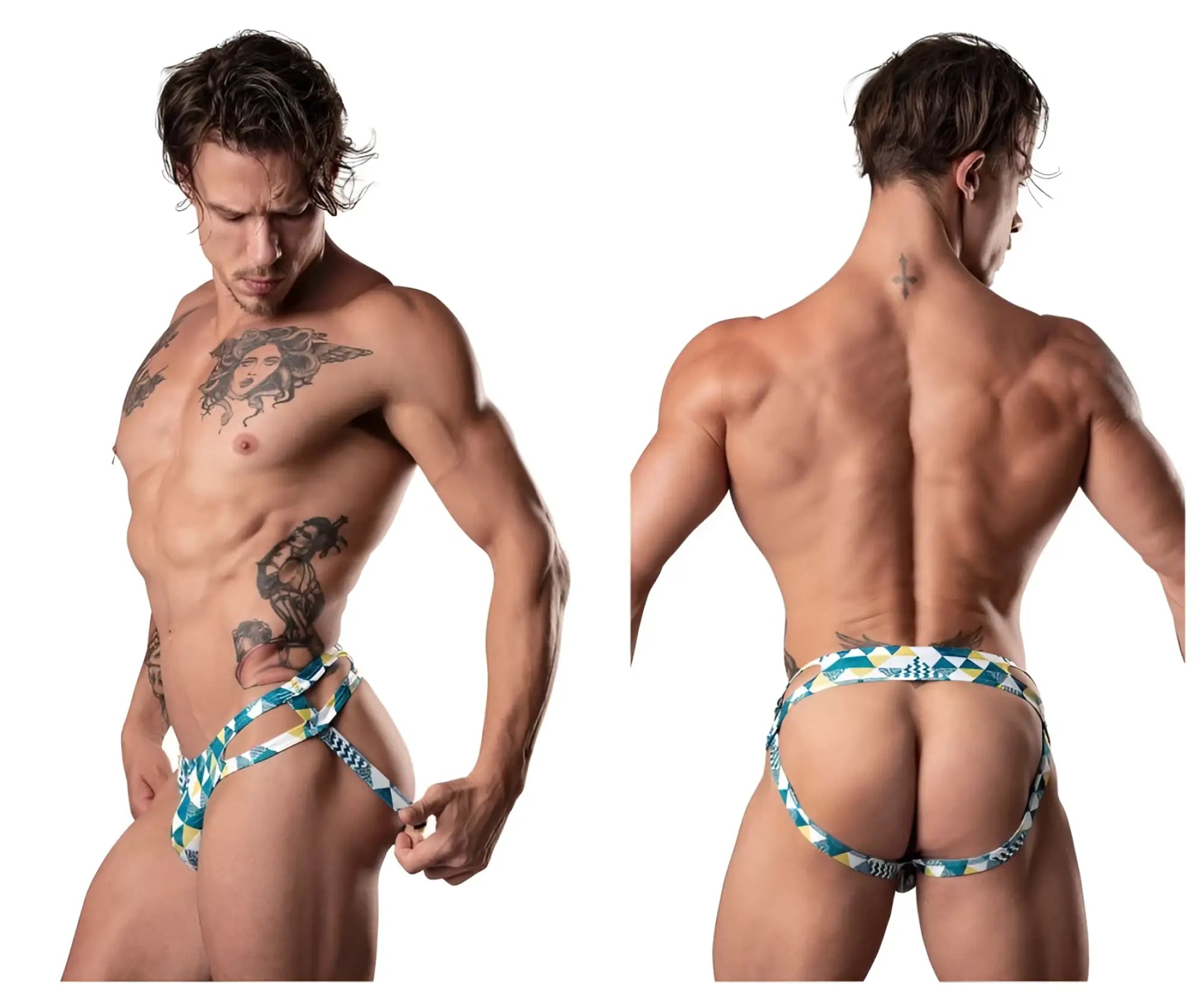 Male power 302-292 cut it out moonshine blue green and white geometric patterned mens briefs with cut out design