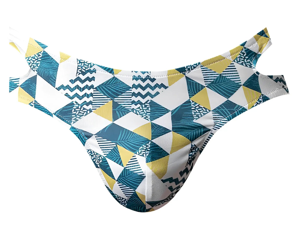 A men’s thong by Male Power featuring a bold teal yellow and white geometric zigzag and leaf pattern