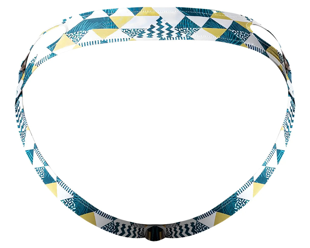A stylish adjustable male power headband with teal yellow white geometric triangles and black line designs
