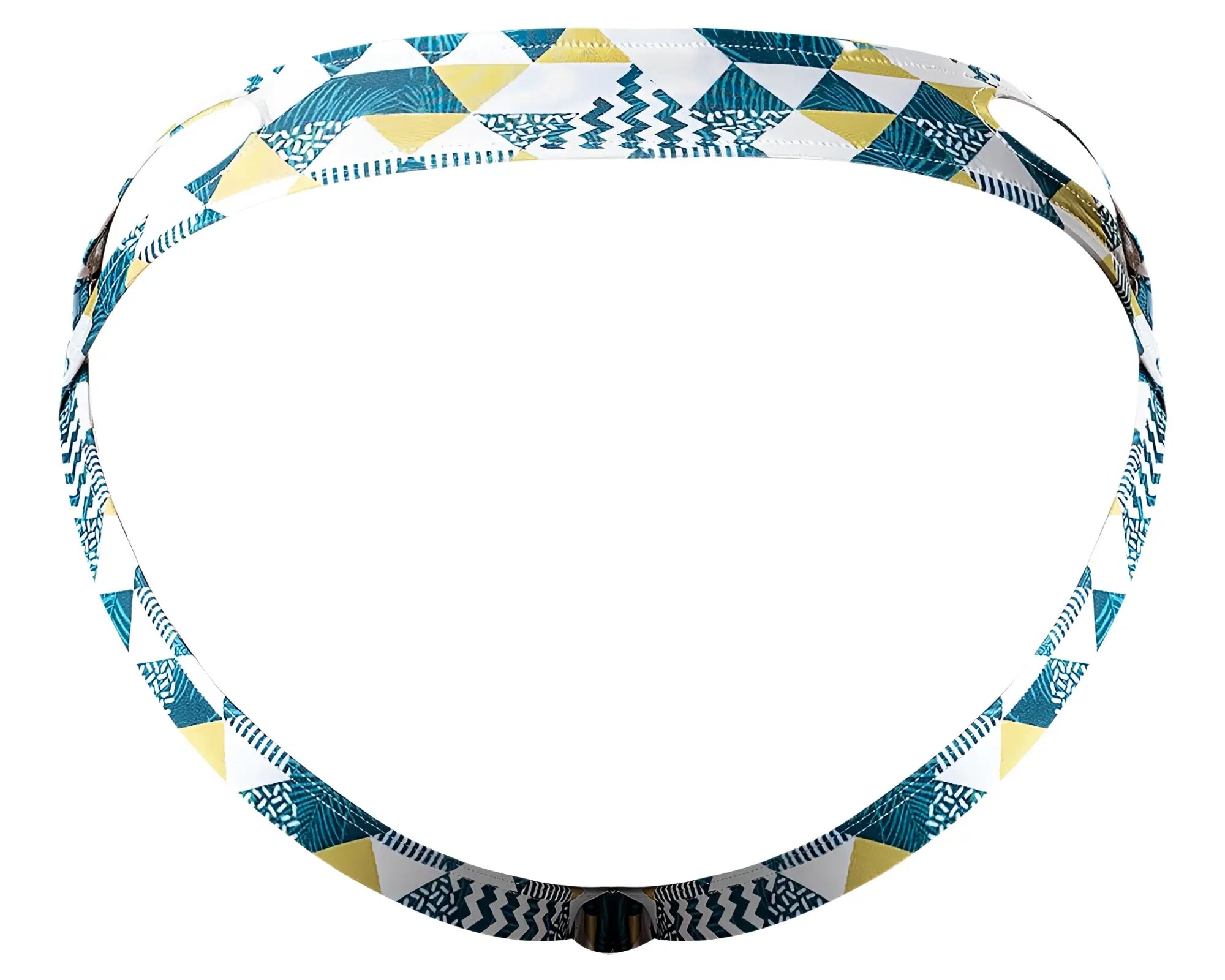 A stylish adjustable male power headband with teal yellow white geometric triangles and black line designs