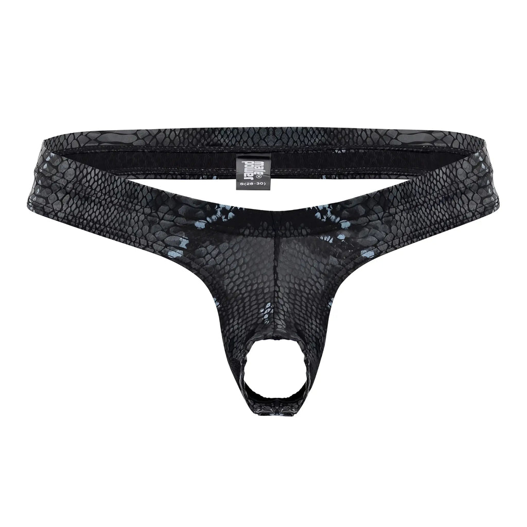 Male power 334-282 s-naked power sock black-blue snake-skin patterned thong with mesh texture and elastic waistband