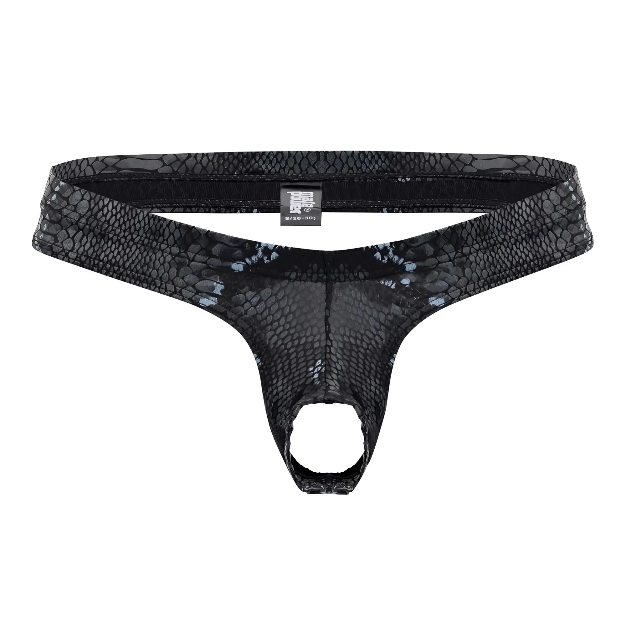 Male power 334-282 s-naked power sock black-blue snake-skin patterned thong with mesh texture and elastic waistband