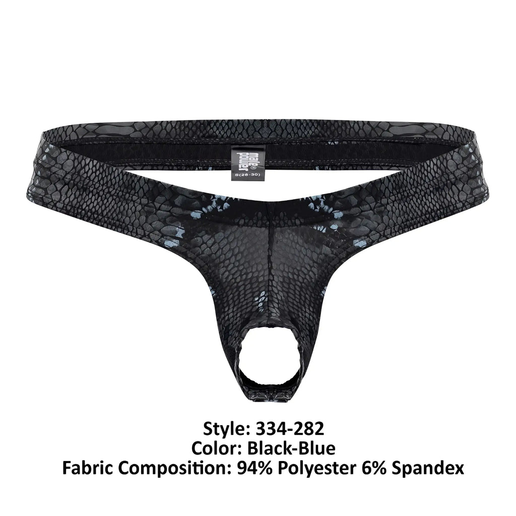 Black-blue male power 334-282 s-naked power sock mens thong with snake-skin texture in polyester spandex blend