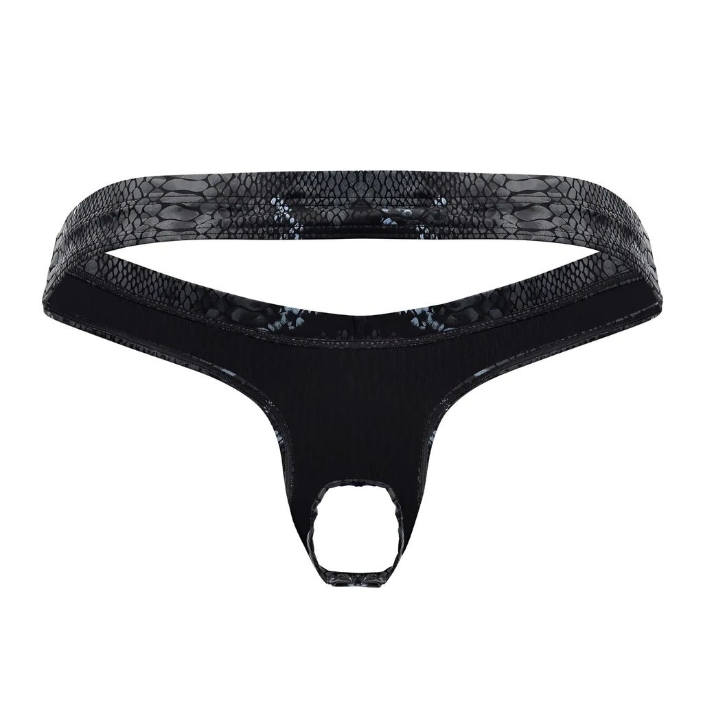 Black male power 334-282 s-naked power sock thong with snakeskin waistband and smooth stretchy fabric front view