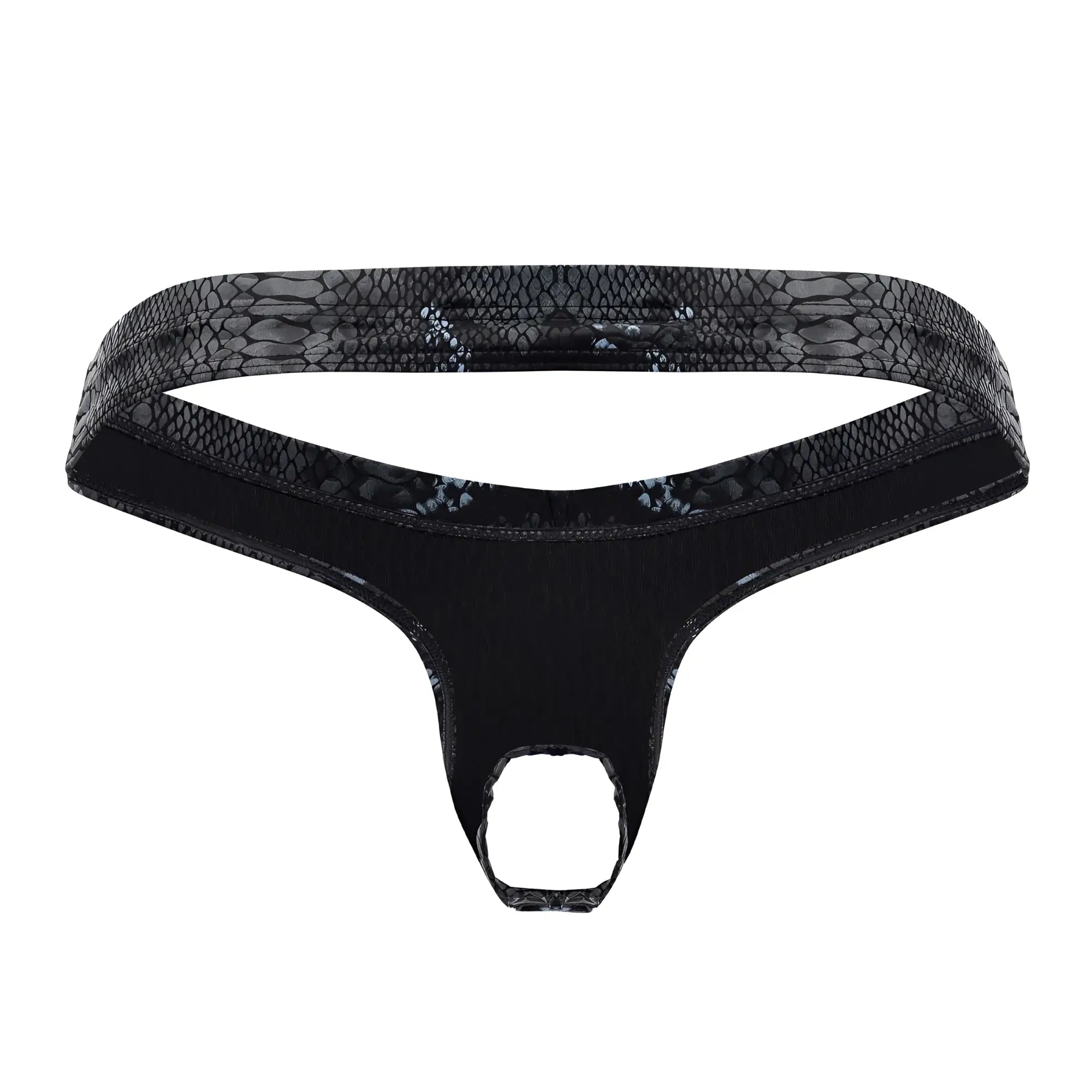 Black male power 334-282 s-naked power sock thong with snakeskin waistband and smooth stretchy fabric front view