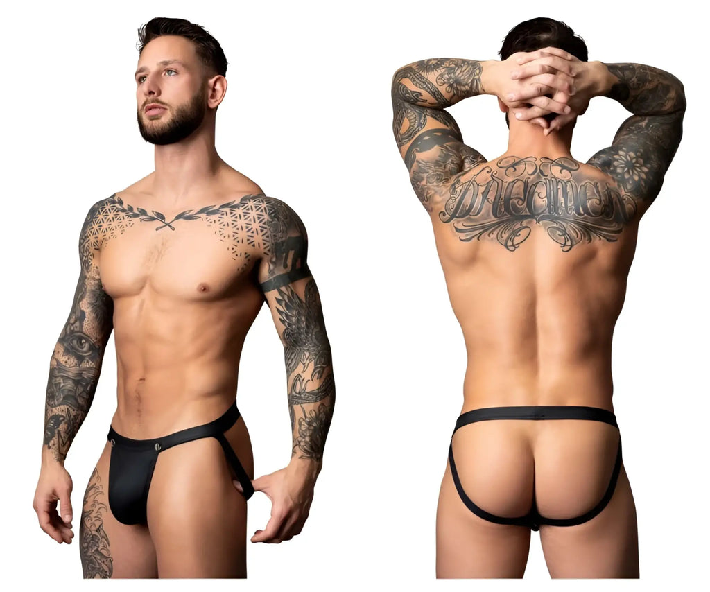 Black leather thong jock by male power with adjustable side straps and central button closure in black