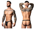 Black leather thong jock by male power with adjustable side straps and central button closure in black