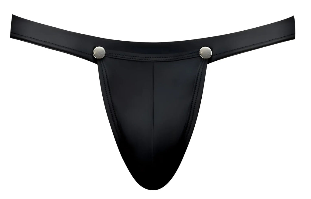 Black leather thong with silver snap buttons from male power oh snap snap off jock in black color