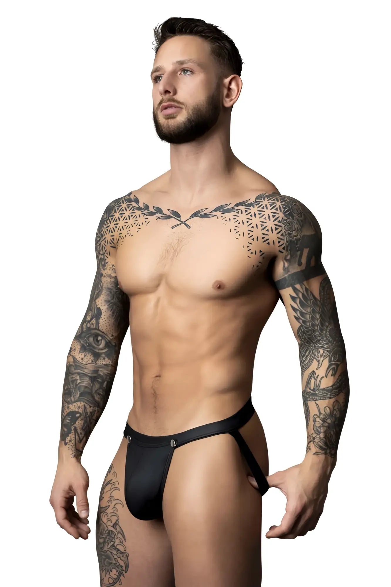 Black leather thong male power 346 298 oh snap snap off jock with small silver logo on front in black color