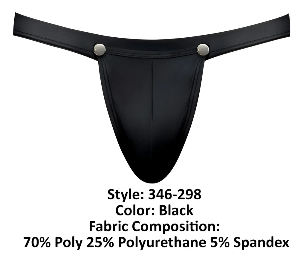 Male power 346-298 oh snap snap off jock in black smooth glossy thong with silver-toned snap buttons at waistband