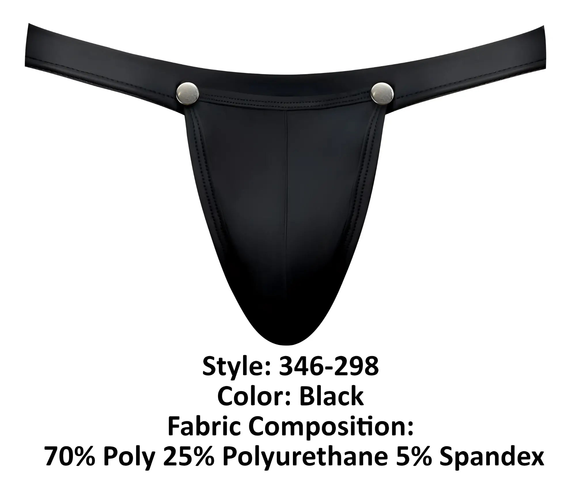 Male power 346-298 oh snap snap off jock in black smooth glossy thong with silver-toned snap buttons at waistband