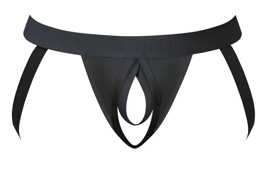 Black sleek minimalist thong with wide elastic waistband and subtle embossed Male Power branding front view