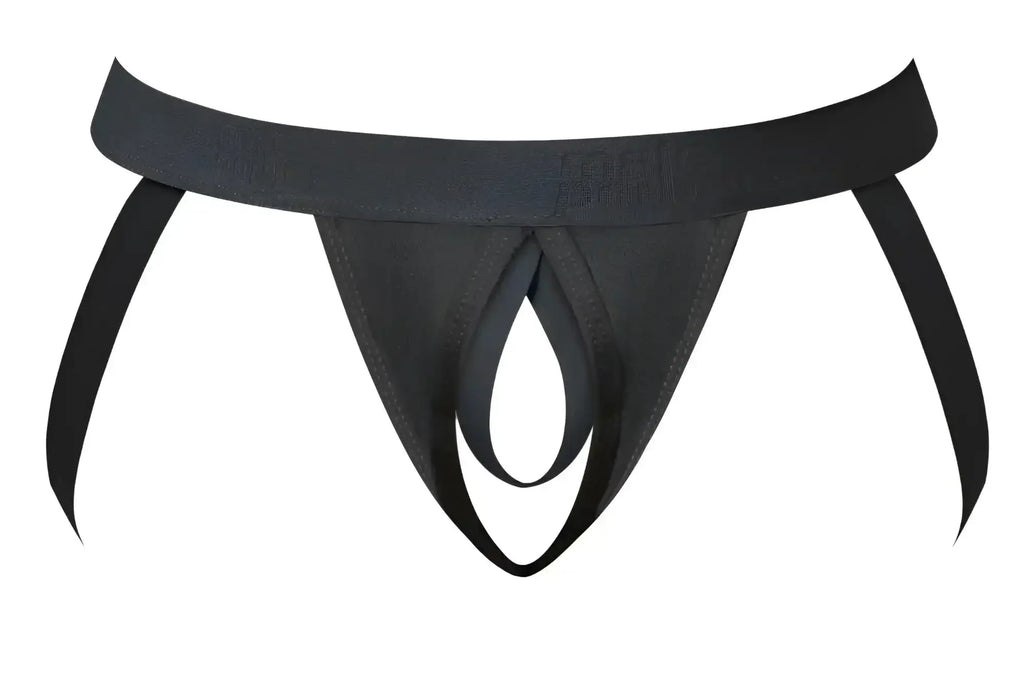Black sleek minimalist thong with wide elastic waistband and subtle embossed Male Power branding front view