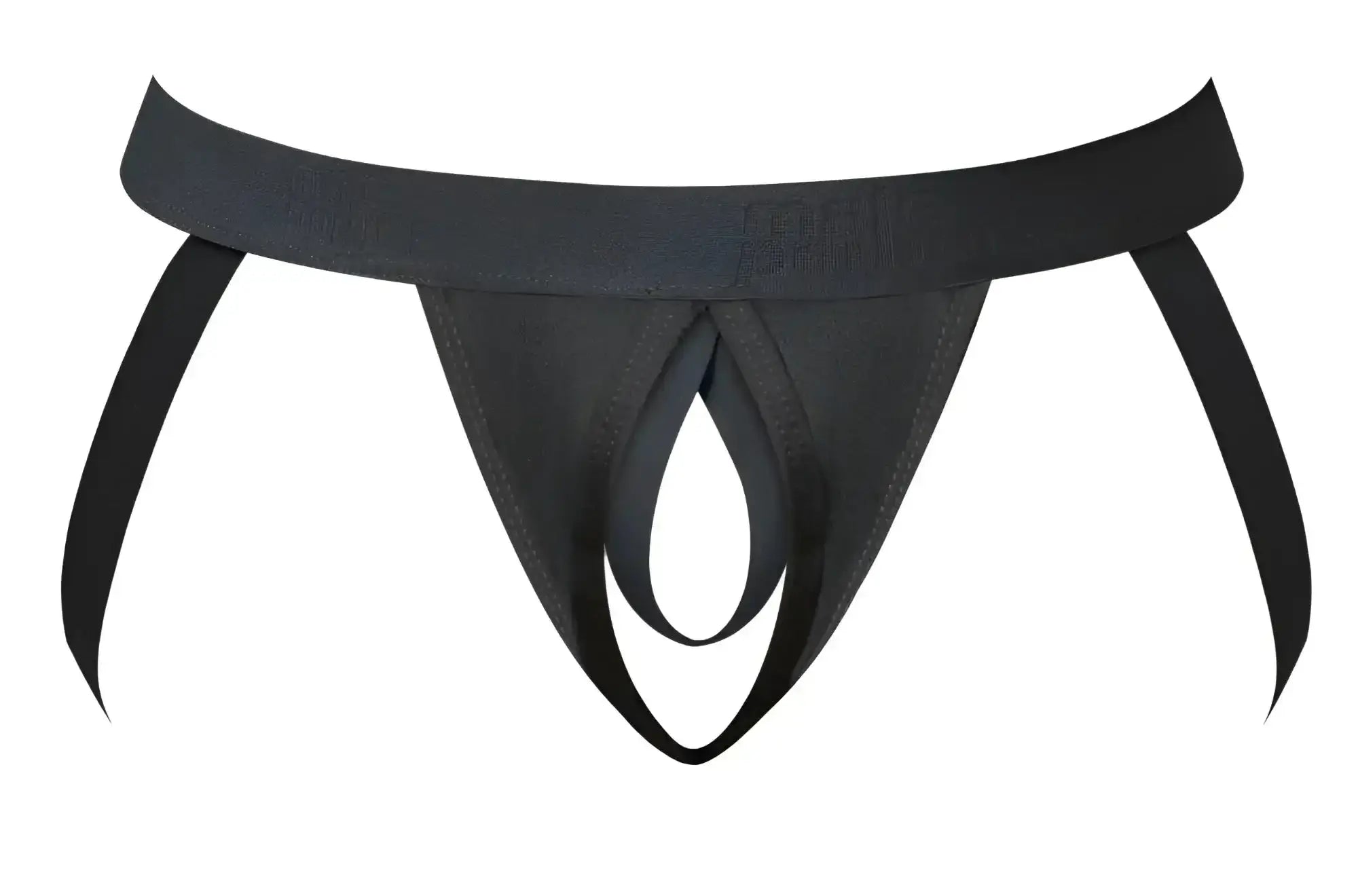 Black sleek minimalist thong with wide elastic waistband and subtle embossed Male Power branding front view