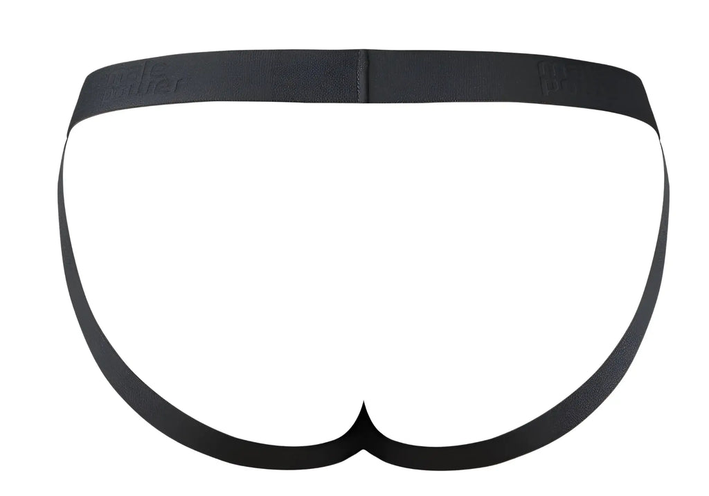 Black elastic male power 348-304 open ended jock briefs with smooth seamless design and subtle waistband logo