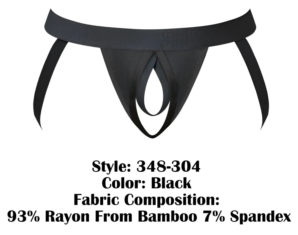 Male Power 348-304 black open ended jock with elastic cock ring and black thong made from rayon bamboo and spandex