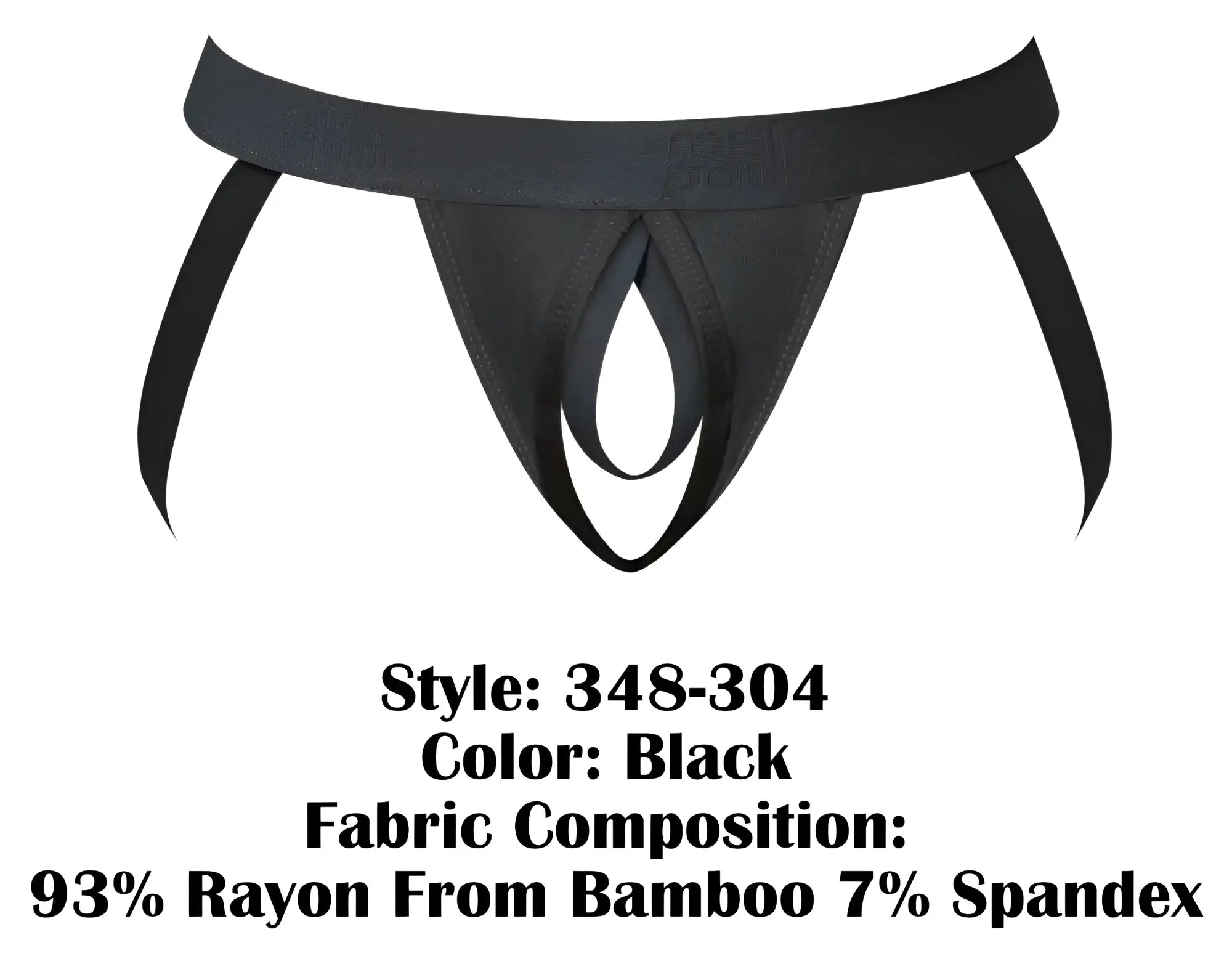 Male Power 348-304 black open ended jock with elastic cock ring and black thong made from rayon bamboo and spandex