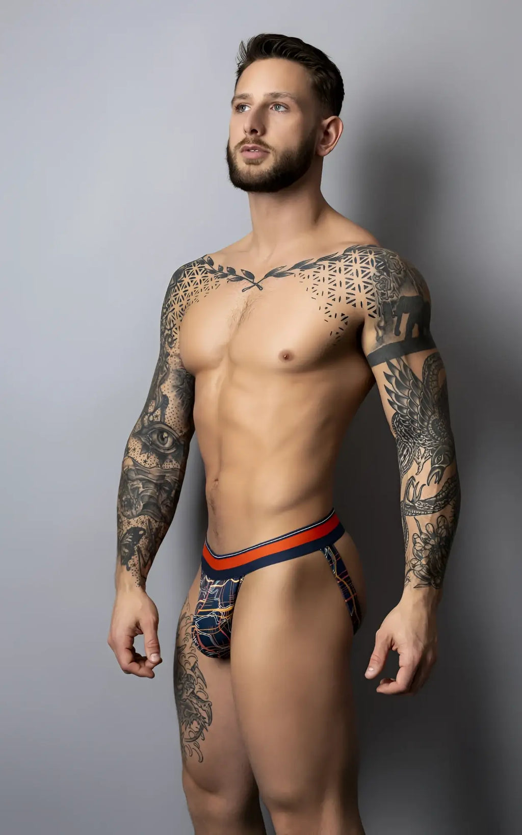 Male power 349-299 soo cumfy jock men’s briefs in navy orange with blue and orange geometric patterns