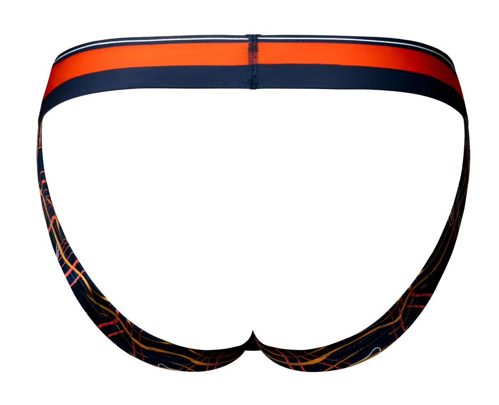 Male power 349-299 soo cumfy jock with orange navy blue striped waistband and black fabric with orange yellow lines