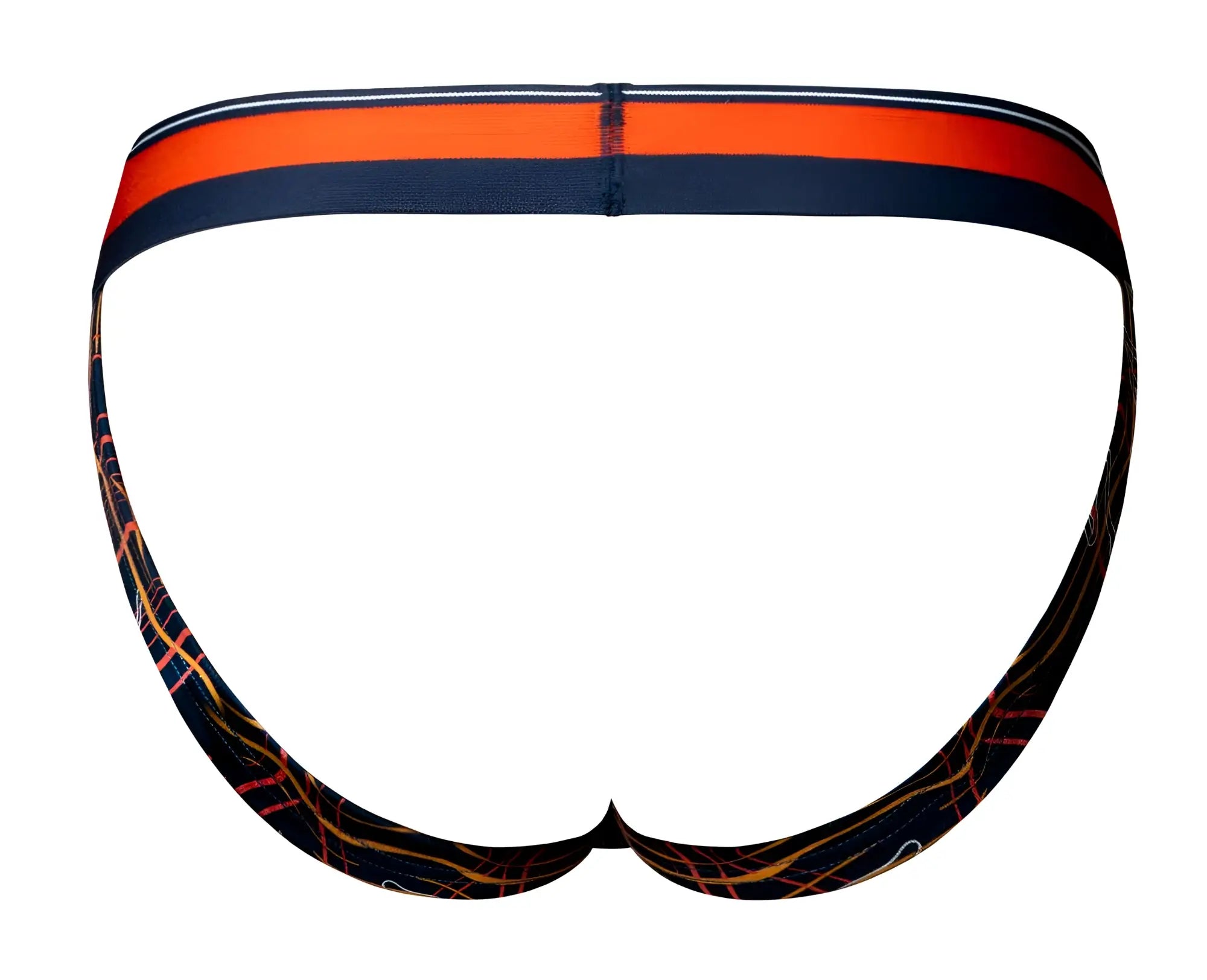 Male power 349-299 soo cumfy jock with orange navy blue striped waistband and black fabric with orange yellow lines