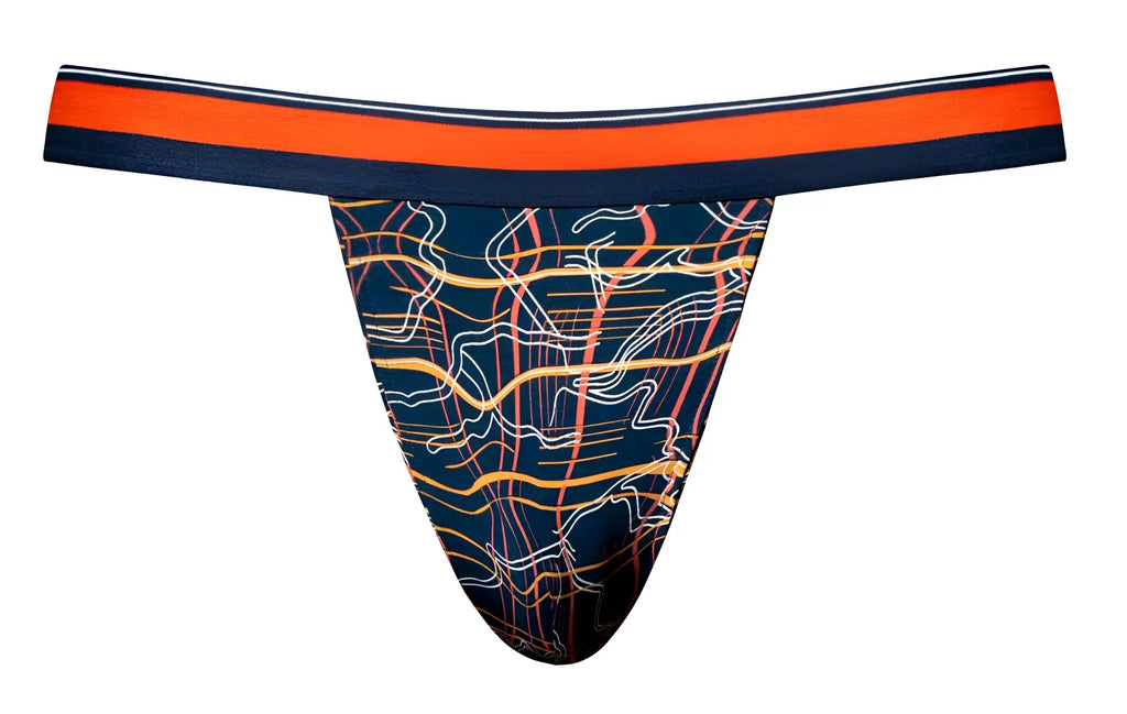 Navy blue male power 349-299 soo cumfy jock thong with vibrant orange waistband and abstract yellow white coral lines